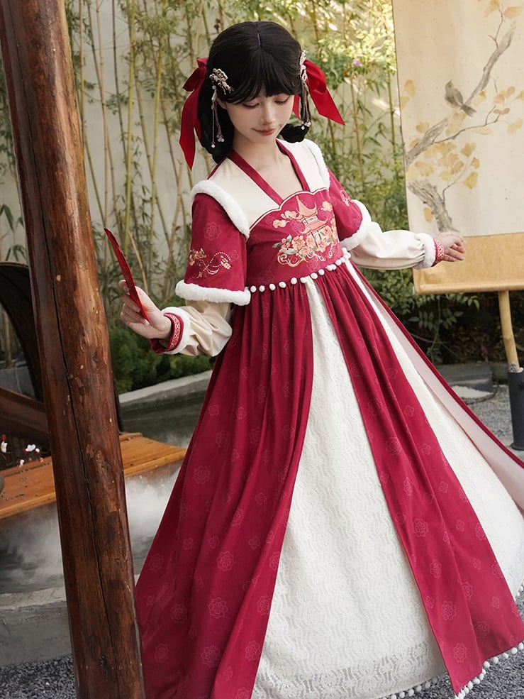 Red Embroidery Details Bodice Served Ru Long Sleeves Han Dress - Sukuroi