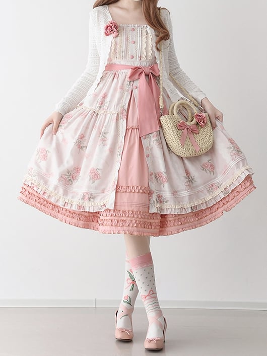 Pink Floral Print Front Button Placket Hem Jumper Skirt - Sukuroi
