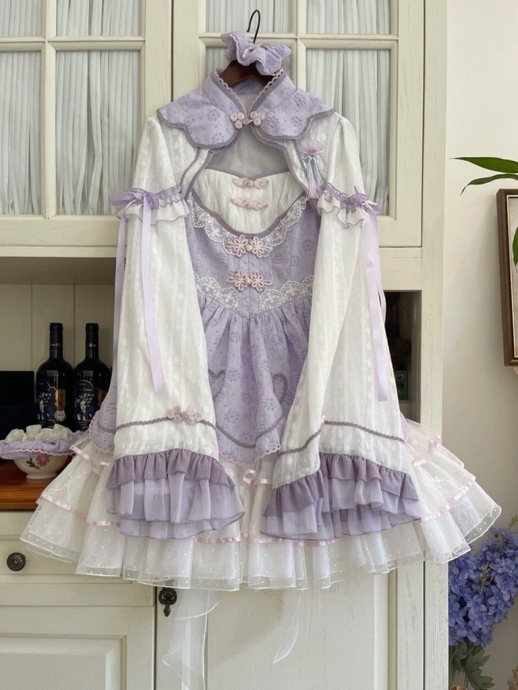 White and Purple Knot Button Jumper Skirt Full Set - Sukuroi