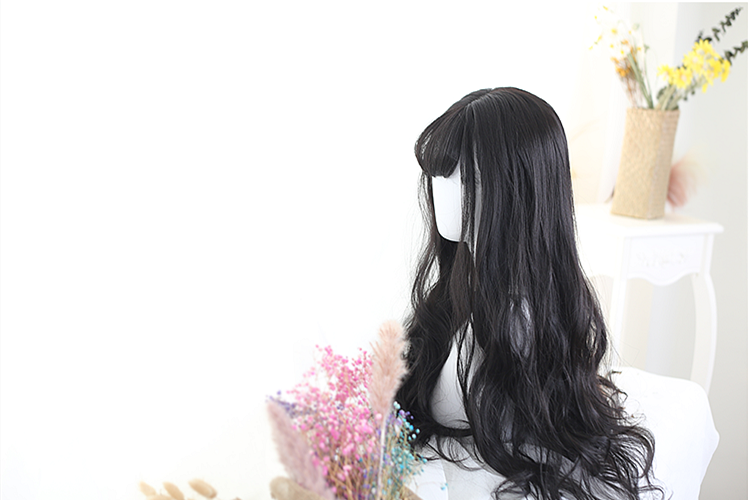 Sylvia Black Air Bangs Long Wavy Curly Synthetic Wig