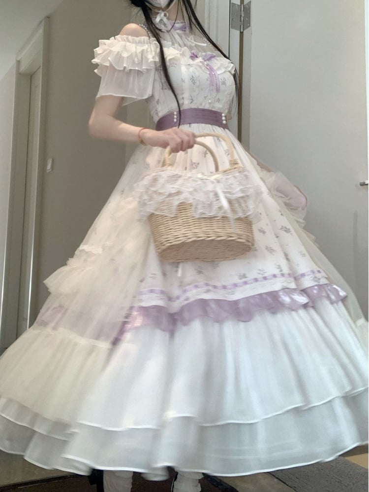 Illusion Neckline Elegant Floral Dress White and Purple High Waist Classic One Piece