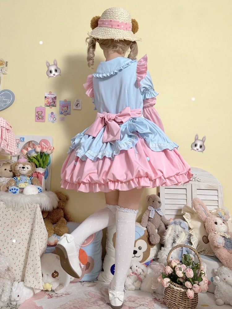 Pink and Blue Cutout Peter Pan Collar Sweet One Piece with Sleeves and Apron