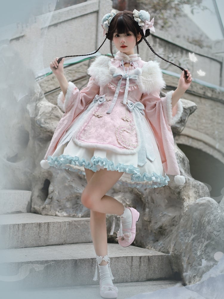 Pink High Waist White Plush Trim Neckline and Cuffs Qi One Piece - Sukuroi