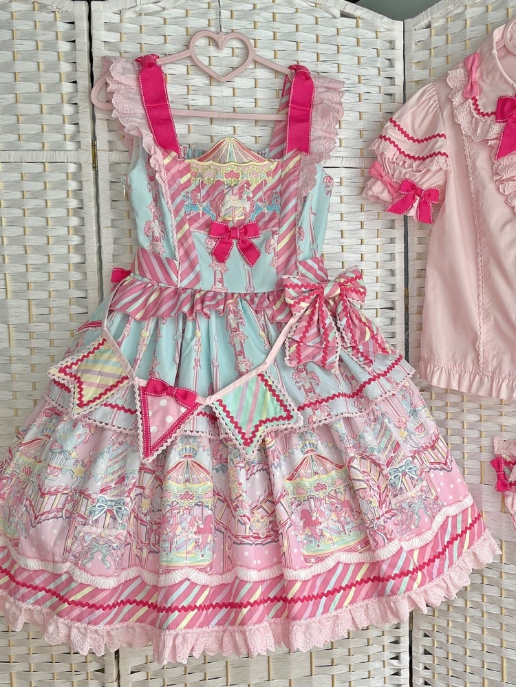 Sweet Blue Carousel Embroidery Neckline Jumper Skirt