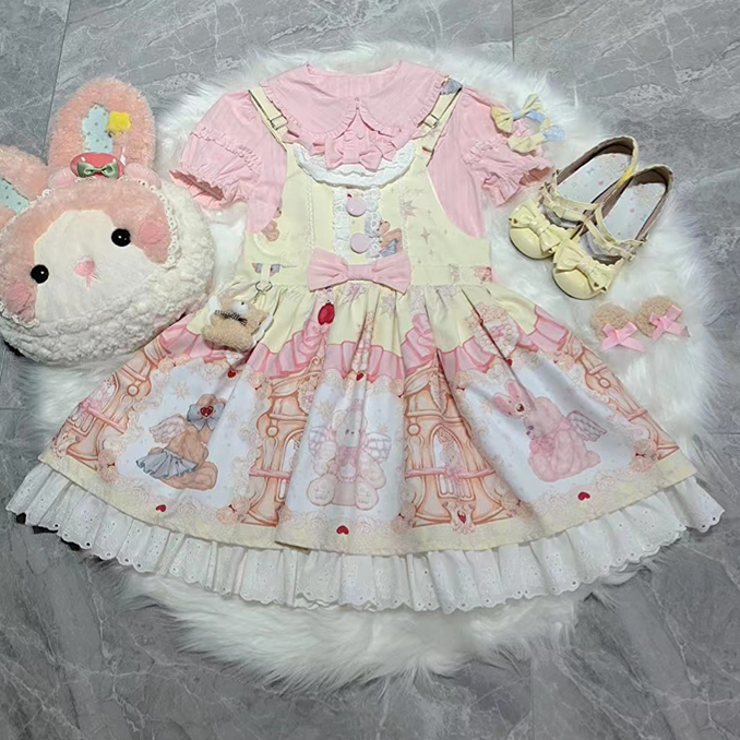 Pink Peter Pan Collar Shirt / Yellow Teddy High Waist Overalls