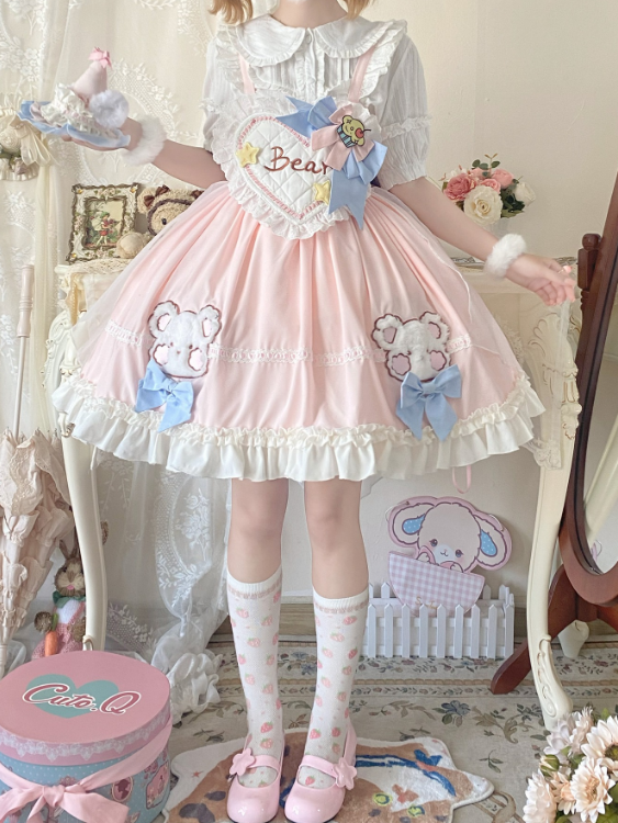 Sweetheart Bodice Pink Sweet Teddy Overalls + Bowknot Train + Brooch Set