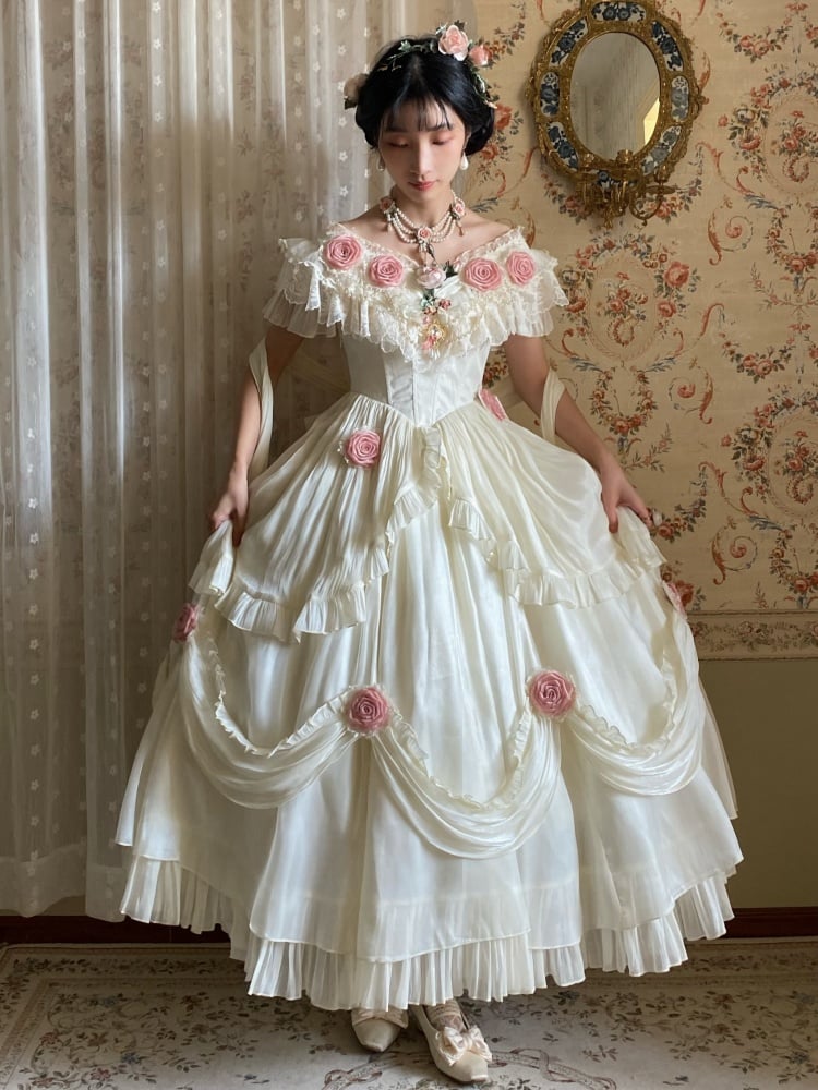 Ivory Princess Basque Waist Dress Roses and Bead Chain Lolita Wedding Dress - Sukuroi