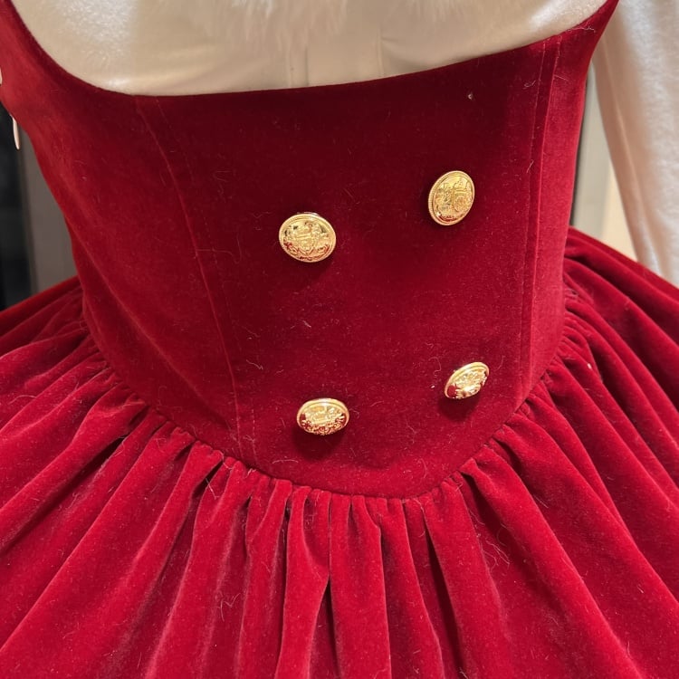Red Christmas and New Year Velvet Overalls with White Plush Trim Sweet Puffy Skirt Dress - Sukuroi