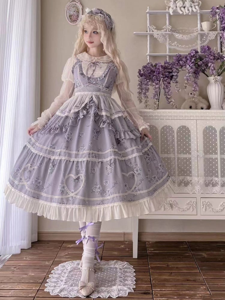 Purple Elegant Floral Dress Rosette Print Jumper Skirt - Sukuroi