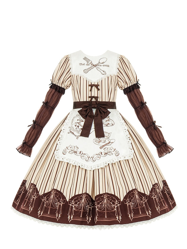 Stripe Pattern Tea Cup Print Apron One Piece Apricot and Coffee