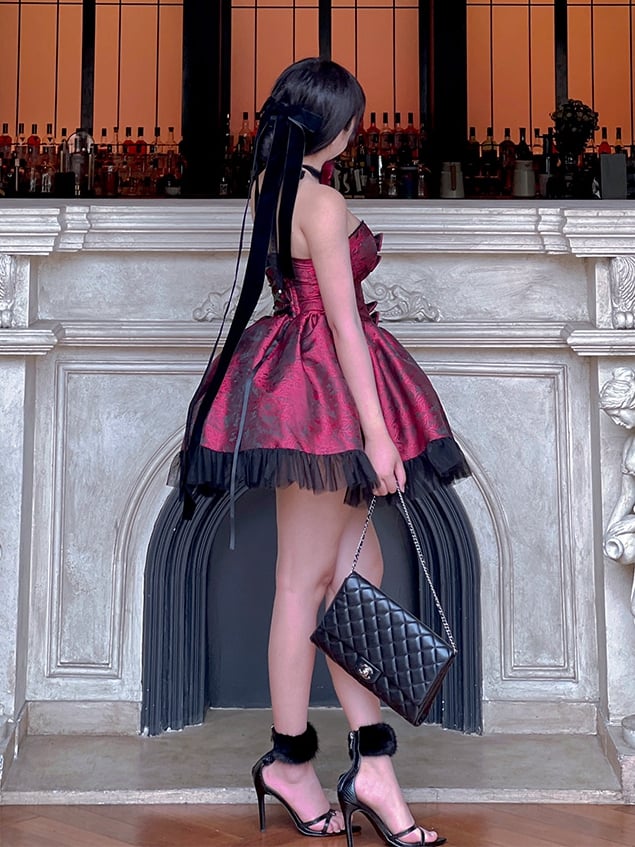 Rosette Print Black and Red Strapless Basque Waist Short Dress