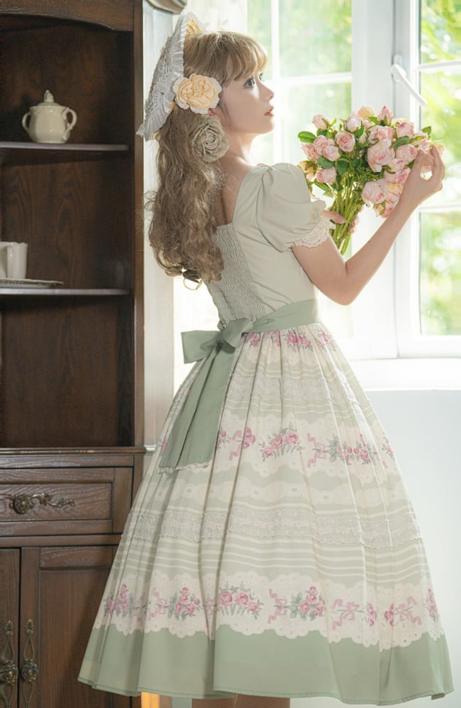 Rose Embroidery Collar Green and Pink Floral Dress One Piece