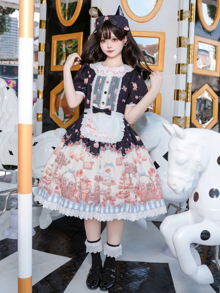 Sweet Kitty and Dessert Print Black Polka-dot One Piece