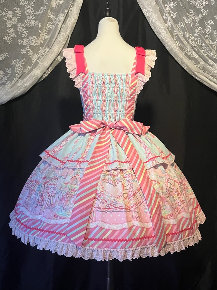 Sweet Blue Carousel Embroidery Neckline Jumper Skirt