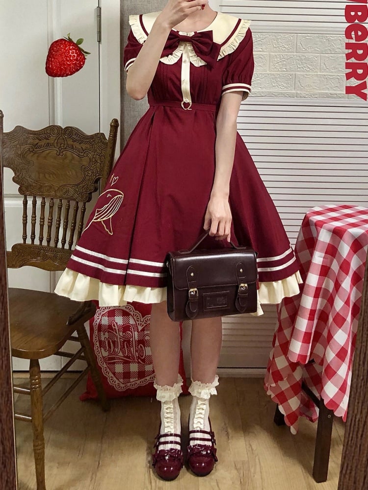 Plus Size Friendly Wine Red Sweet Dress Whale Embroidery Peter Pan Collar One Piece