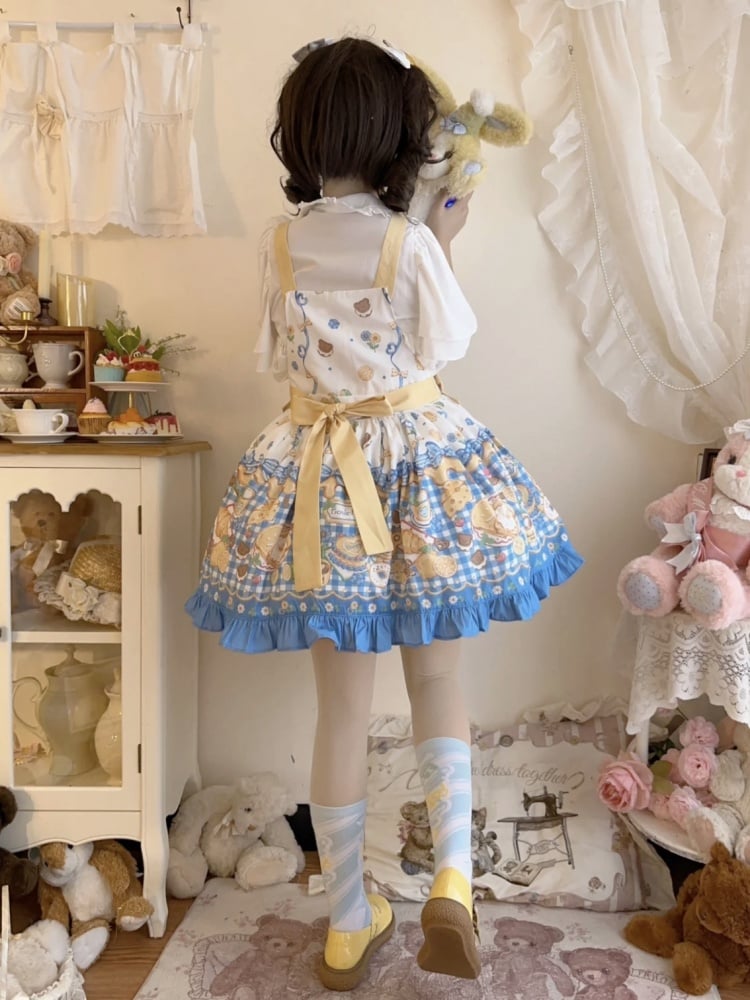 Yellow and Blue Gingham Pattern Sweet Dessert Print Overalls