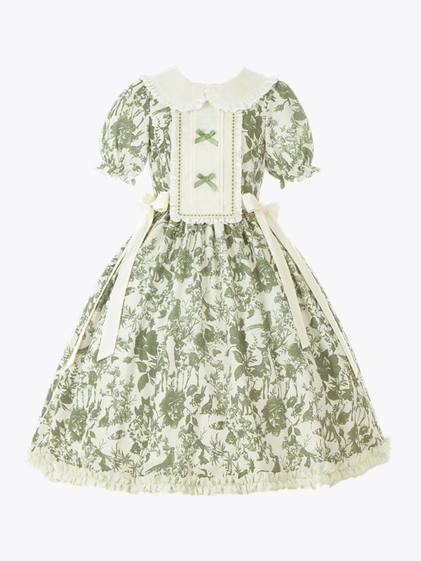 Summer Green Forest Print Beige Peter Pan Collar One Piece