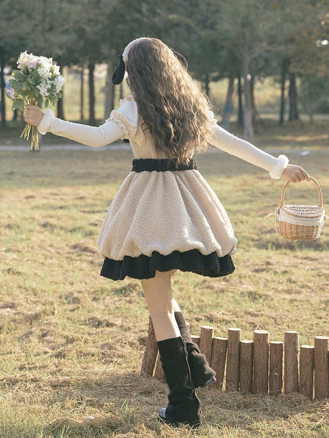 Winter Fleece Bubble Jumper Skirt Detachable Plush Lamb Ears