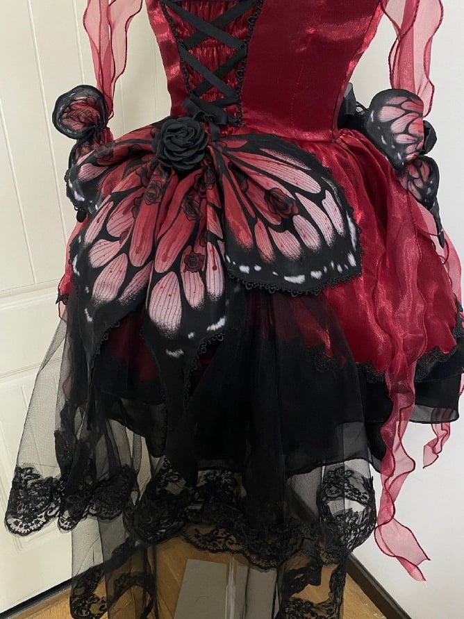 Wine Red Butterfly Jumper Skirt Gothic Princess Dress with Butterfly Train
