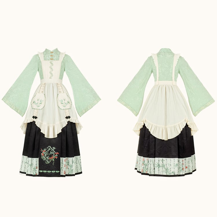 Calligraphy and Bamboo Print Green and Black Horse-face skirt Han Dress