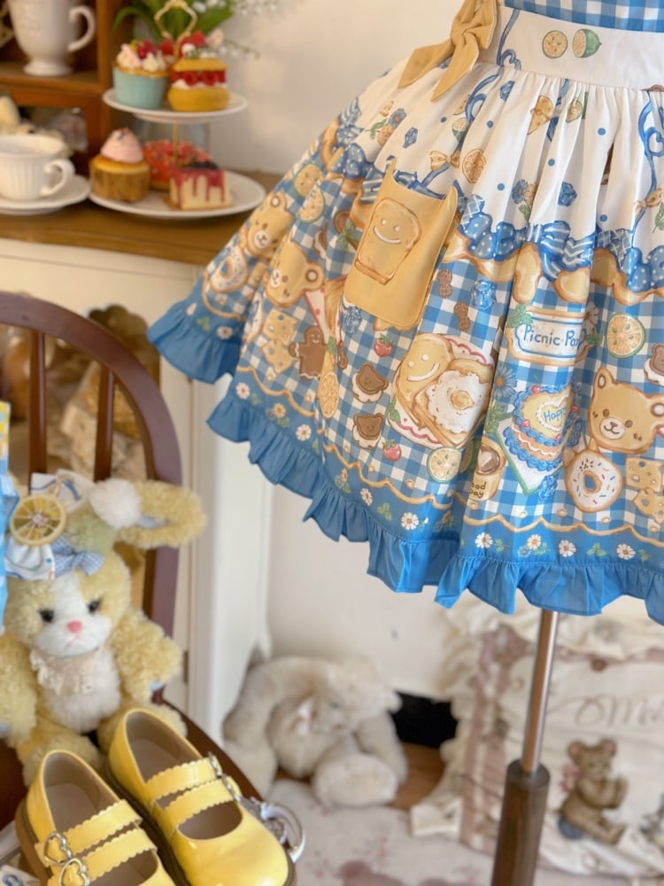 Yellow and Blue Gingham Pattern Sweet Dessert Print Overalls