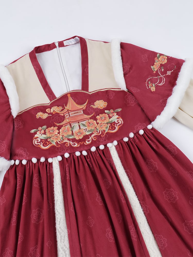 Red Embroidery Details Bodice Served Ru Long Sleeves Han Dress - Sukuroi