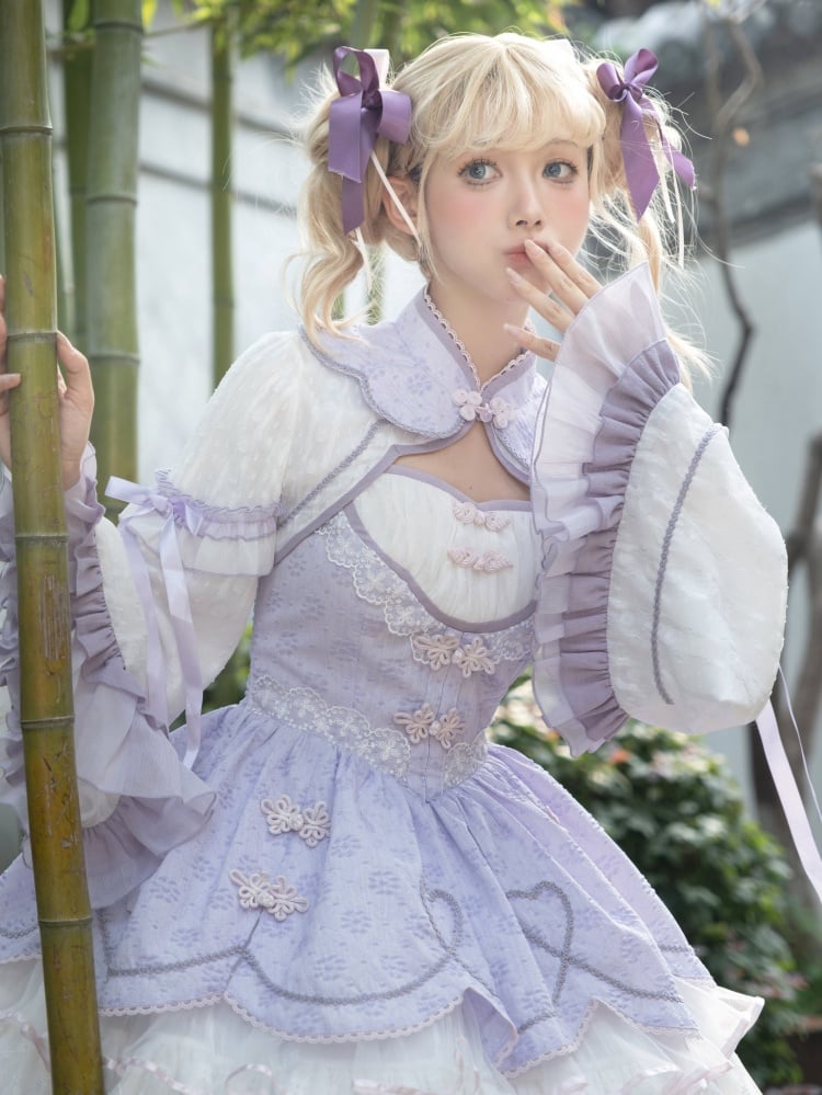 White and Purple Knot Button Jumper Skirt Full Set - Sukuroi