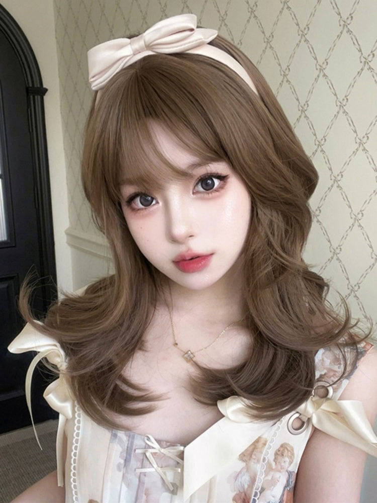 Honey Brown Medium Wavy Synthetic Wig Full Bangs