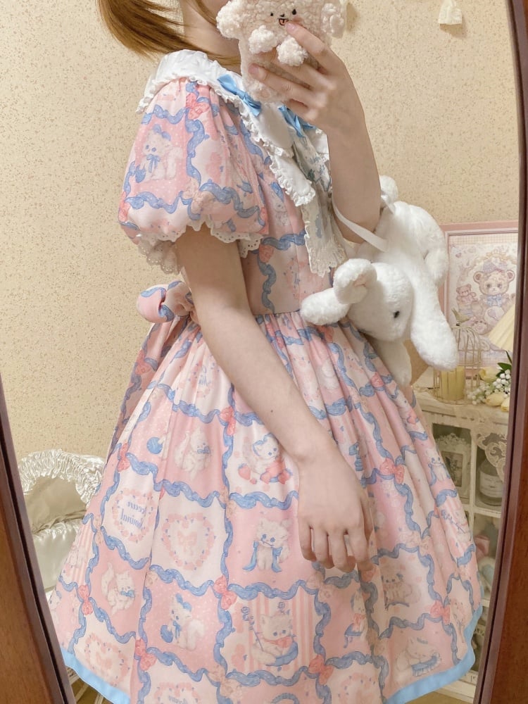 Pink and Blue Sweet Kitty Print High Waist One Piece - Sukuroi
