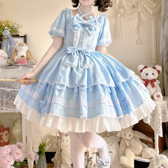 Blue Bowknot Details Square Neckline One Piece