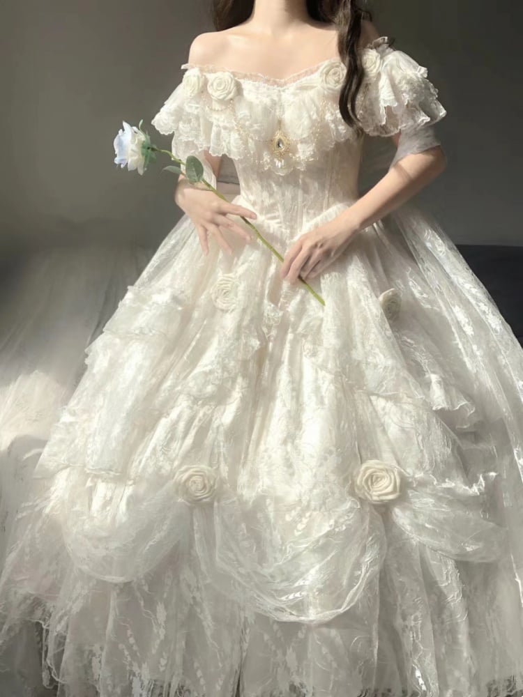 White Princess Lace Dress Floral and Bead Chain Details One Piece - Sukuroi