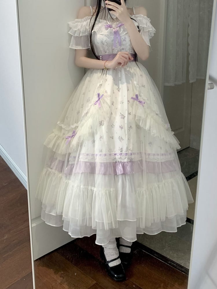 Illusion Neckline Elegant Floral Dress White and Purple High Waist Classic One Piece