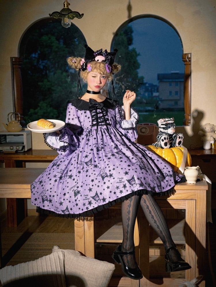 Kuromi and Stars Print Sweet Dress Black and Purple Peter Pan Collar One Piece