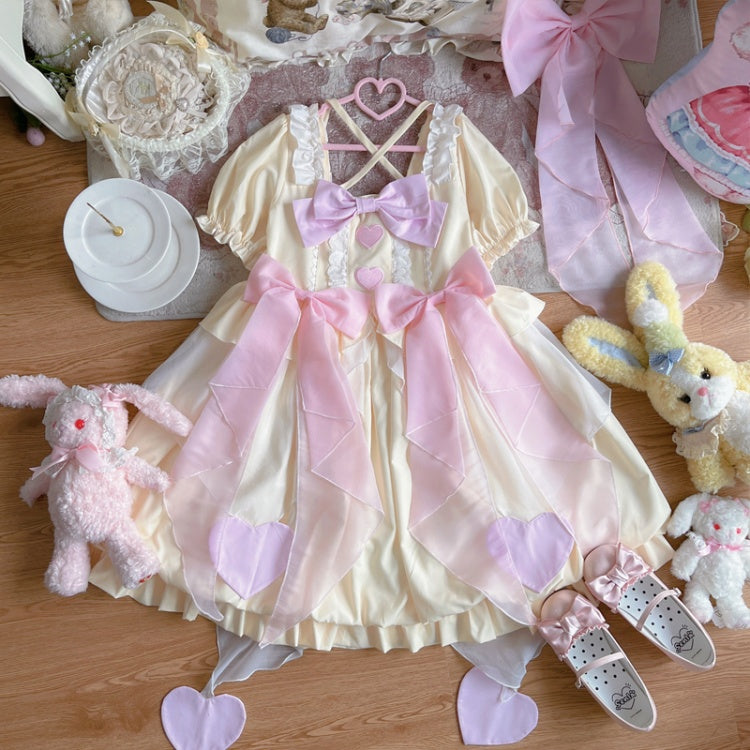 Yellow Square Neckline Heart Embroidery One Piece