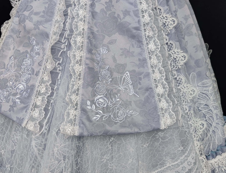 Diamonds and Stardust Gorgeous Butterfly and Roses Embroidery Lace Halter Neck Hi-lo Skirt Hime Dress