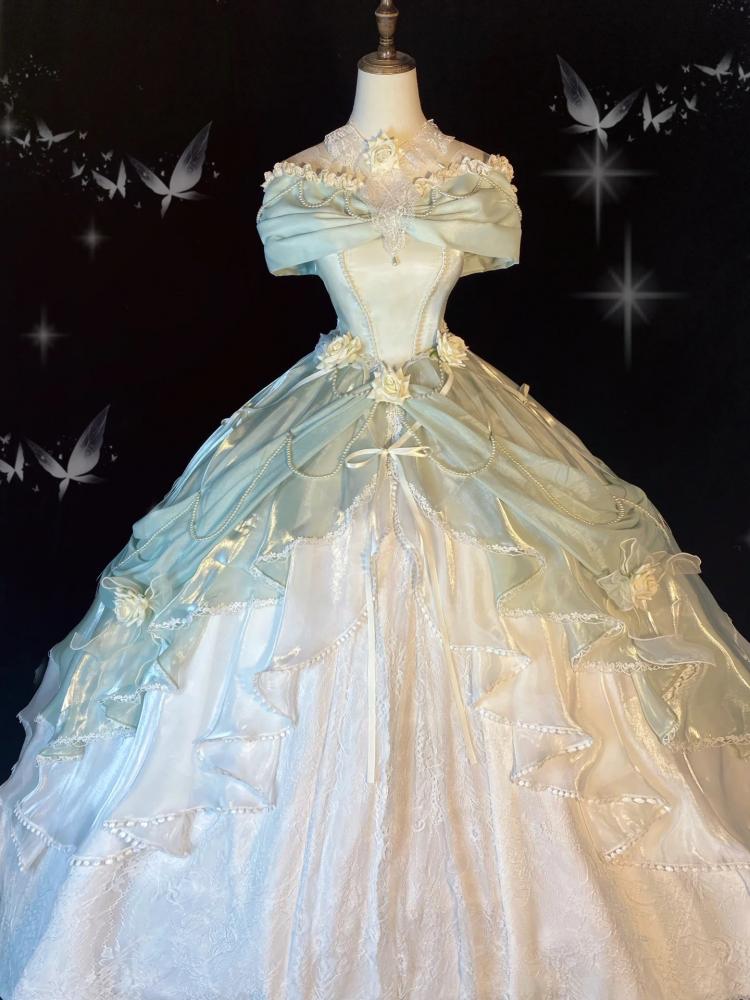 Tiana Green Long Version Princess Dress Roses and Bead Chains Ball Gown