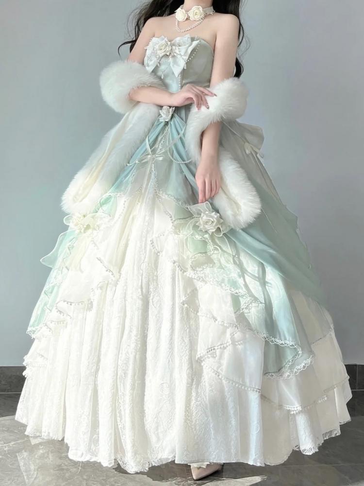 Tiana Green Long Version Princess Dress Roses and Bead Chains Ball Gown