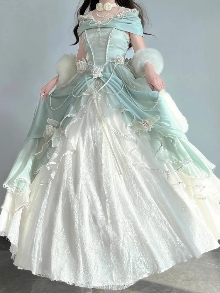Tiana Green Long Version Princess Dress Roses and Bead Chains Ball Gown
