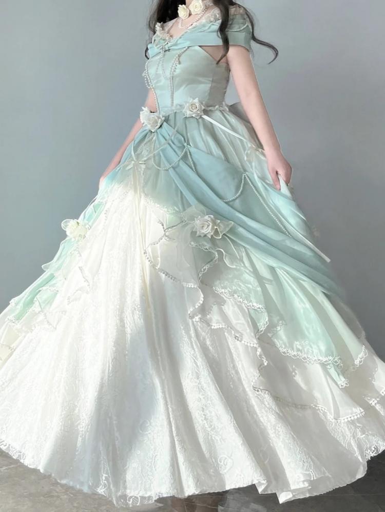 Tiana Green Long Version Princess Dress Roses and Bead Chains Ball Gown