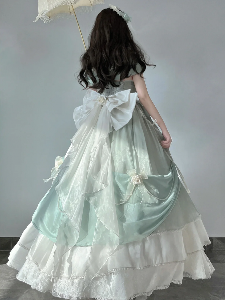 Tiana Green Long Version Princess Dress Roses and Bead Chains Ball Gown