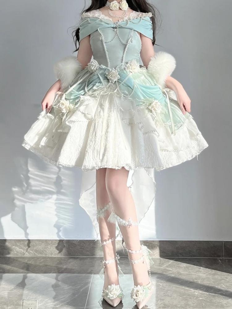 Tiana Green Short Version Princess Dress Roses and Bead Chains Ball Gown
