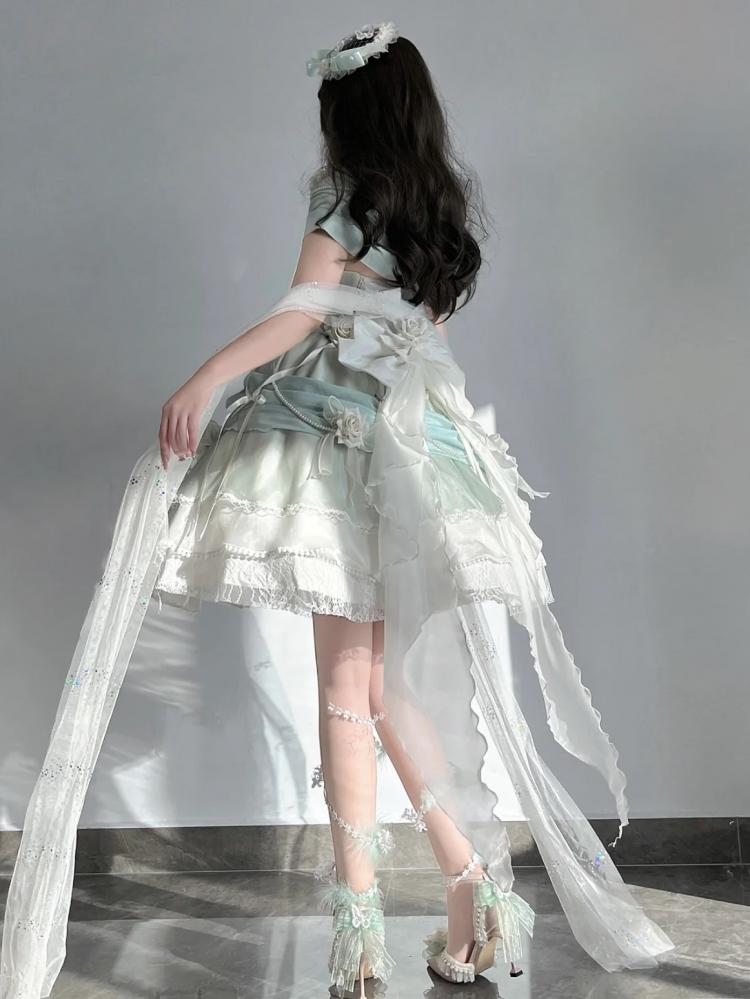 Tiana Green Short Version Princess Dress Roses and Bead Chains Ball Gown