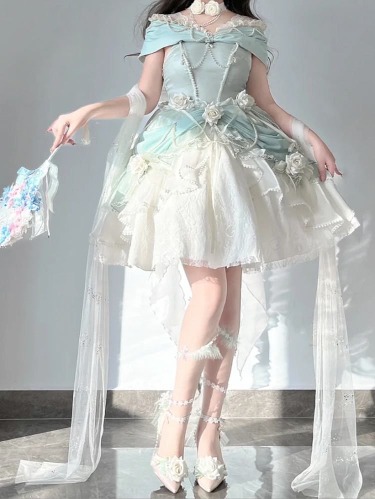 Tiana Green Short Version Princess Dress Roses and Bead Chains Ball Gown