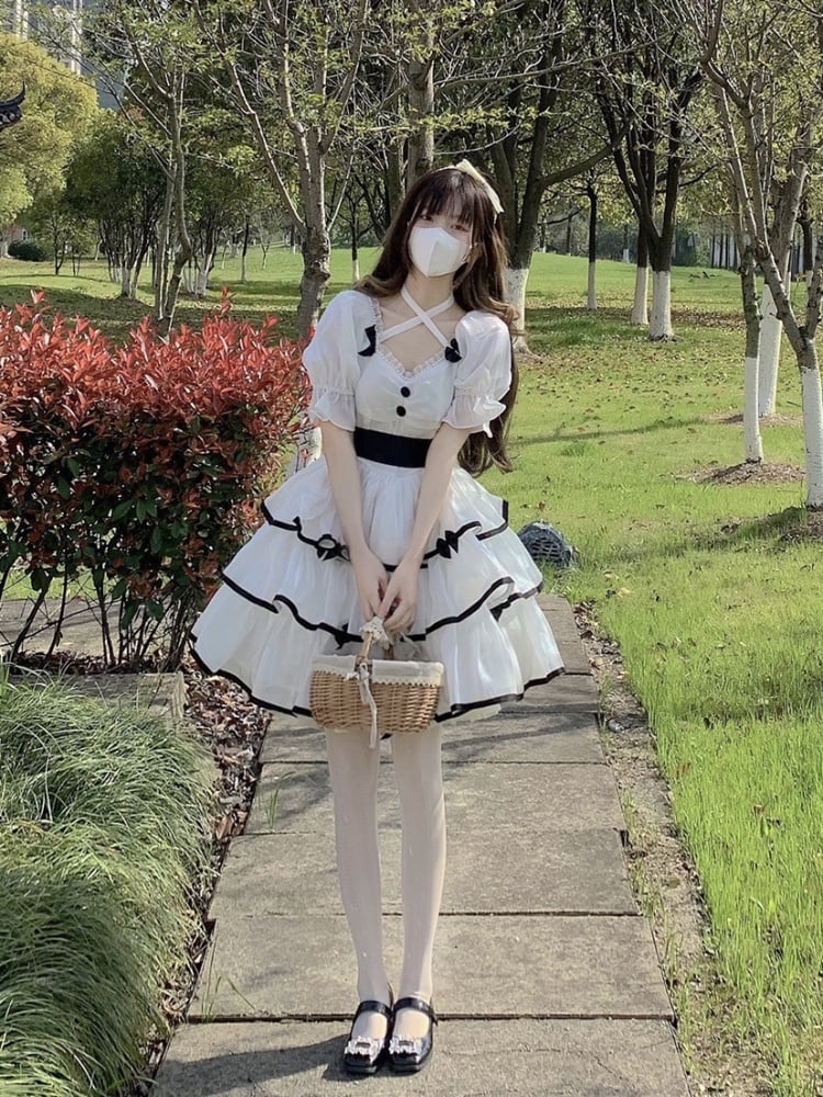 White Camellia /Black Rose Bowknot Details Short Sleeves One Piece