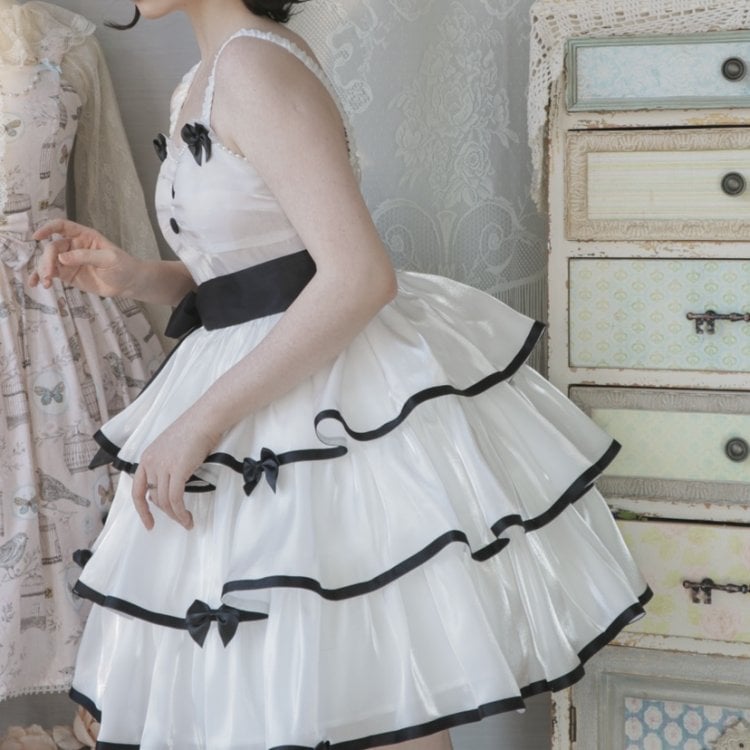 White Camellia / Black Rose Tiered Skirt Jumper Skirt