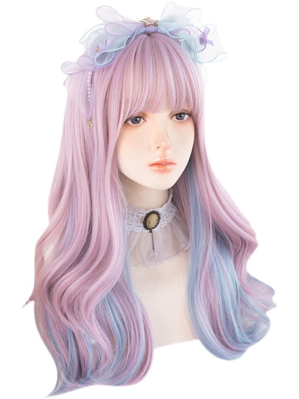 Pink Highlights Blue Medium Length Wavy Synthetic Wig