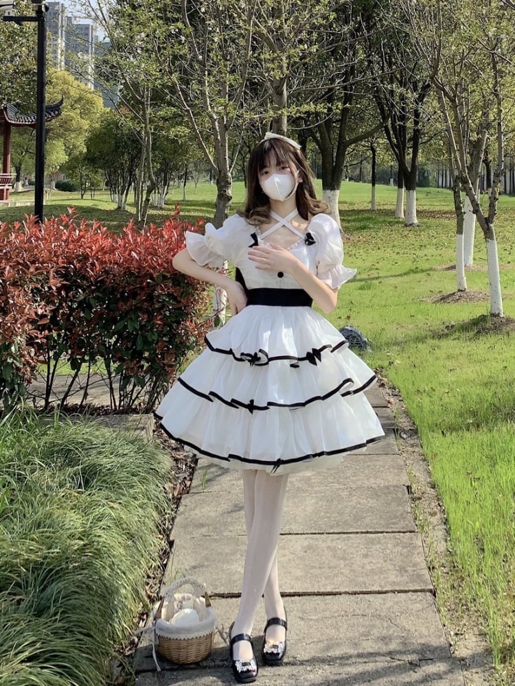 White Camellia /Black Rose Bowknot Details Short Sleeves One Piece