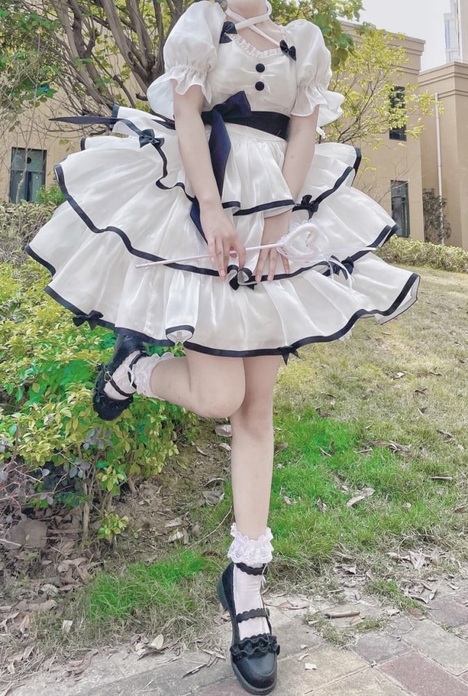 White Camellia /Black Rose Bowknot Details Short Sleeves One Piece