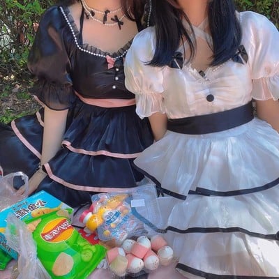 White Camellia /Black Rose Bowknot Details Short Sleeves One Piece