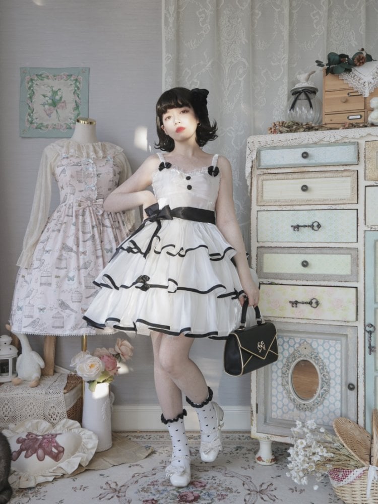 White Camellia / Black Rose Tiered Skirt Jumper Skirt